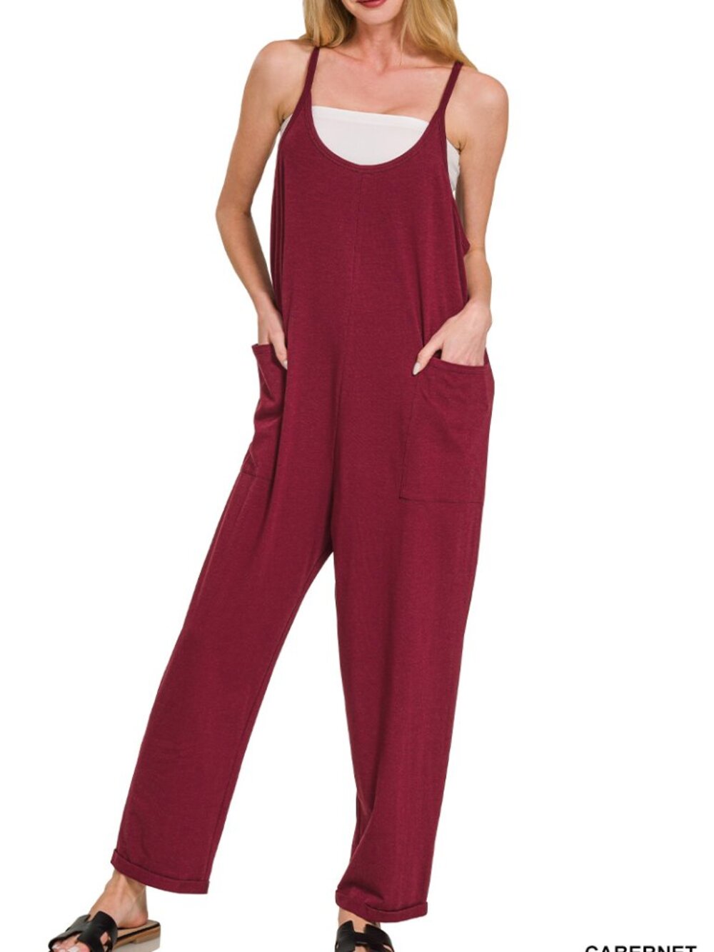 Spaghetti Strap Jumpsuit with Pockets - Cabernet